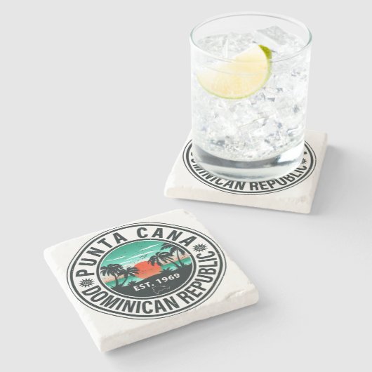 Punta Cana Dominican Palm Tree Retro Sunset 60er Steinuntersetzer (Seitenansicht)