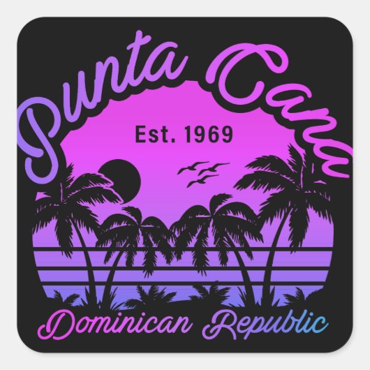 Punta Cana Dominican Palm Tree Retro Sunset 80er Quadratischer Aufkleber (Vorderseite)