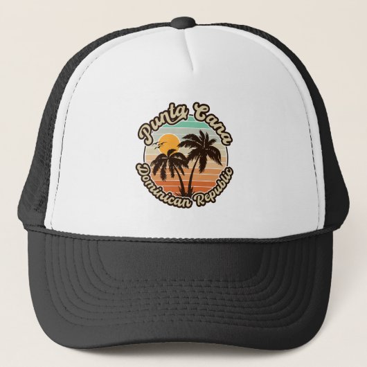 Punta Cana Dominican Palm Tree Retro Sunset 80er Truckerkappe (Vorderseite)
