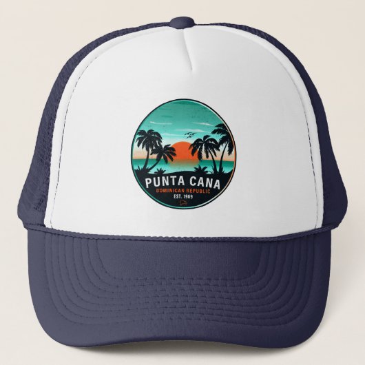 Punta Cana Dominican Retro Sunset Souvenir 60er Truckerkappe (Vorderseite)