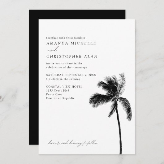 Punta Cana Wedding Black & White Simple Palm Tree Einladung (Vorne/Hinten)