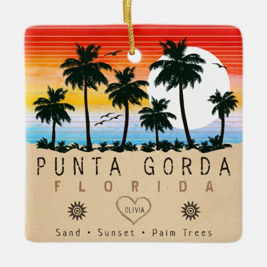Punta Gorda Florida Retro Sunset Palm Baum 1960er Keramikornament (Vorderseite)
