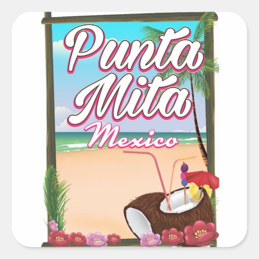 Punta Mita, Mexiko Beach Reiseplakat Quadratischer Aufkleber (Vorderseite)