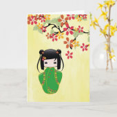 Puppe Kirschblütes Kokeshi, Gruß-Karte Karte (Gelbe Blume)