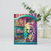 Puppe mit farbigem Haar in Süßigkeiten Shop Postka Postkarte (Stehend Vorderseite)