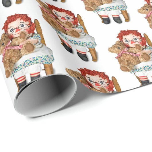 Puppe und Teddybär auf dem Stuhl Geschenkpapier (Rolleneckpunkt)