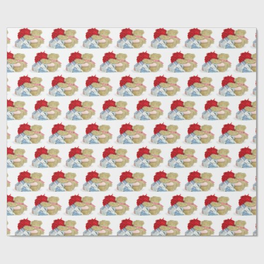 Puppe und Teddybär auf Weiß Geschenkpapier (Flach)