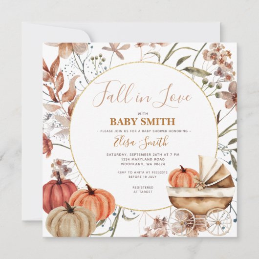 Puppen Baby Carriage Fall in Liebe Babydusche Einladung (Vorderseite)