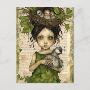 Puppen-Collage mit Vogelnest Postkarte