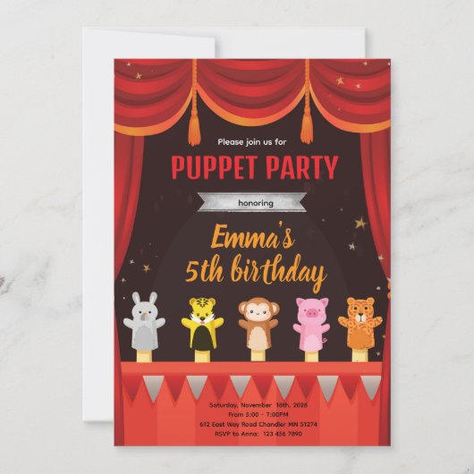 Puppet birthday party invitation einladung (Vorderseite)