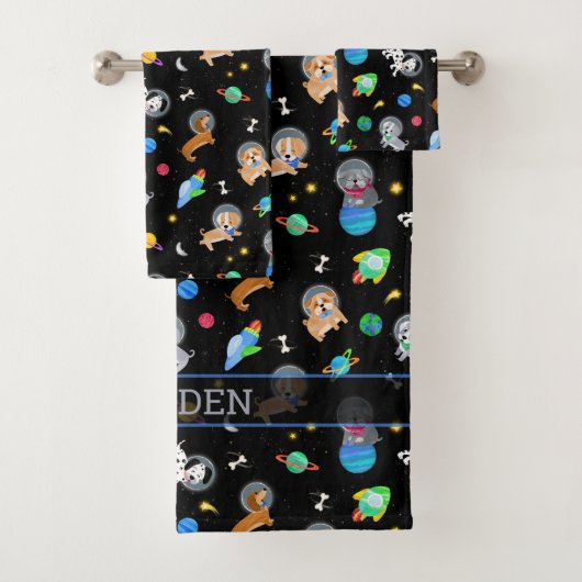Puppies In Space Watercolor Dog Astronauts Badhandtuch Set (Insitu)