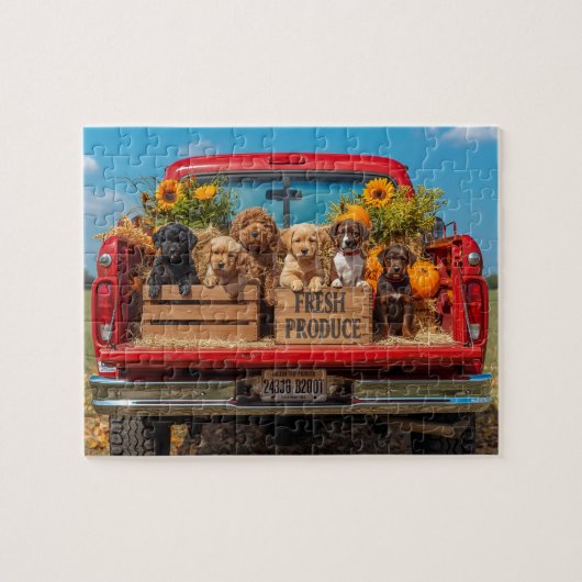 Puppies Red Truck Sunflowers Fall Harvest Puzzle (Horizontal)