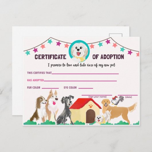 Puppy Adoption Certificate for a Pet Einladung Po (Vorne/Hinten)