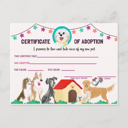 Puppy Adoption Certificate for a Pet Einladung Po (Vorderseite)