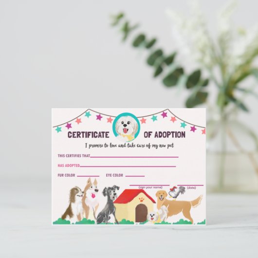 Puppy Adoption Certificate for a Pet Einladung Po (Stehend Vorderseite)