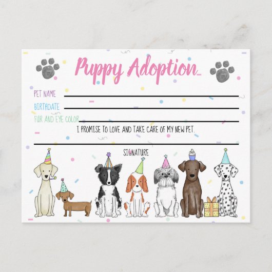 Puppy-Adoption-Karte für Gastgeschenk Postkarte (Vorderseite)