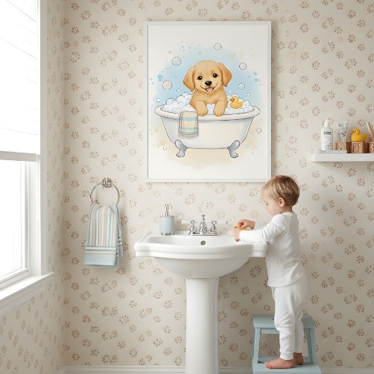Puppy Bath Time Fun Kids Bathroom Wall Art Poster