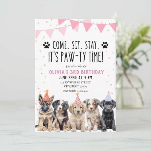 PUPPY BIRTHDAY INVITATION MIRL LET'S PAWTY INVITE EINLADUNG (Stehend Vorderseite)