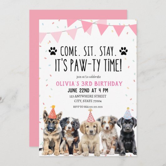 PUPPY BIRTHDAY INVITATION MIRL LET'S PAWTY INVITE EINLADUNG (Vorne/Hinten)