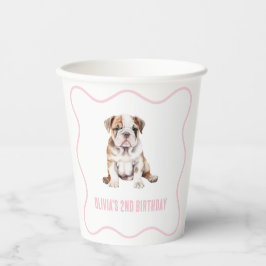 Puppy bulldog preppy pink plaid birthday pappbecher