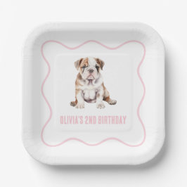 Puppy bulldog preppy pink plaid birthday pappteller