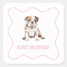Puppy bulldog preppy pink plaid birthday quadratischer aufkleber