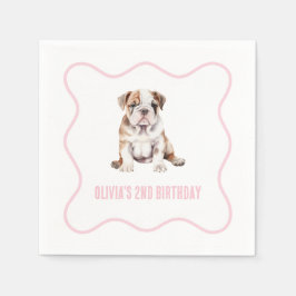 Puppy bulldog preppy pink plaid birthday serviette