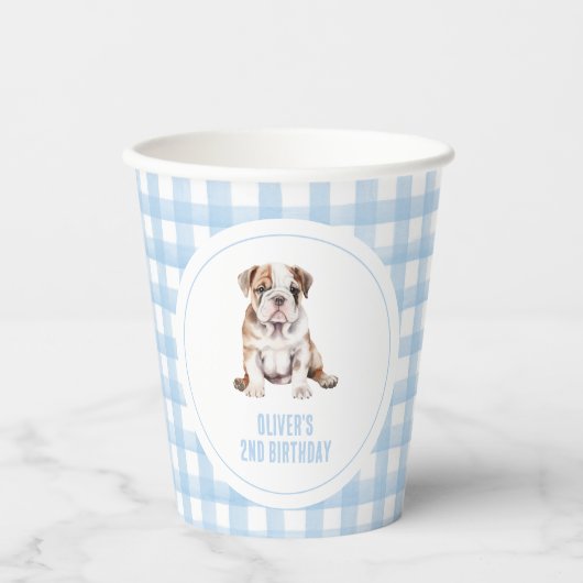 Puppy bulldog preppy plaid birthday pappbecher (Vorderseite)