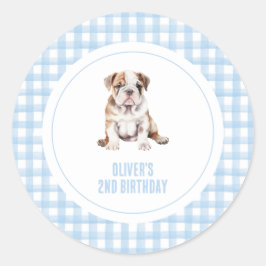Puppy bulldog preppy plaid birthday runder aufkleber