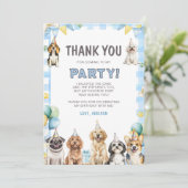 Puppy Calling All Pawty Animals Birthday  Dankeskarte (Stehend Vorderseite)