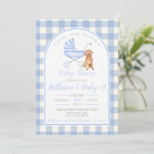 Puppy Dog Boy Baby Shower Gingham Einladung (Stehend Vorderseite)