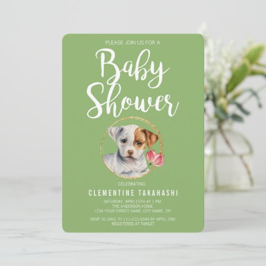 Puppy Dog Spring Baby Dusche Einladung (Stehend Vorderseite)