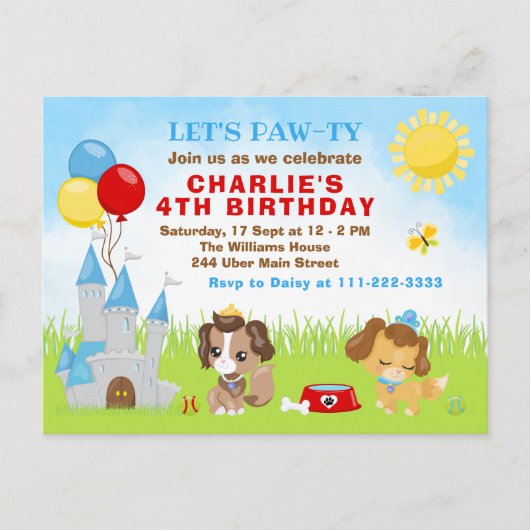 Puppy Dogs Castle Blue Birthday Party Postcard Postkarte (Vorderseite)