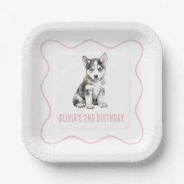 Puppy husky preppy pink plaid birthday pappteller