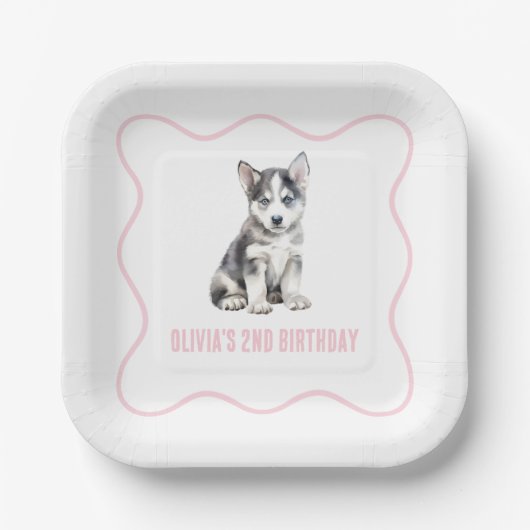 Puppy husky preppy pink plaid birthday pappteller (Vorderseite)