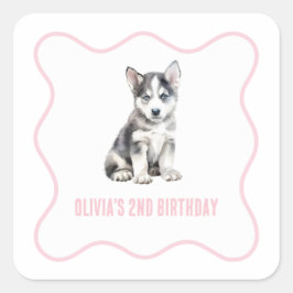 Puppy husky preppy pink plaid birthday quadratischer aufkleber