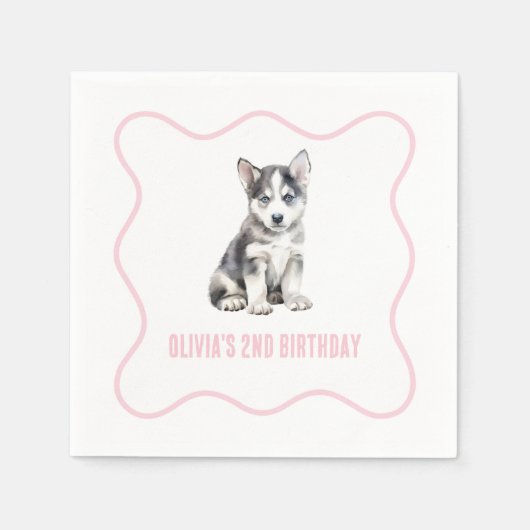 Puppy husky preppy pink plaid birthday serviette (Vorderseite)