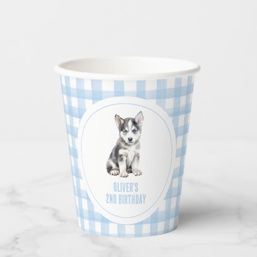 Puppy husky preppy plaid birthday pappbecher (Vorderseite)