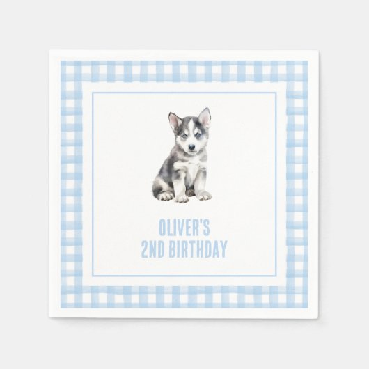 Puppy husky preppy plaid birthday serviette (Vorderseite)