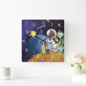 Puppy in space an alien with a telescope quadratische wanduhr (Zuhause)