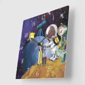 Puppy in space an alien with a telescope quadratische wanduhr (Winkel)