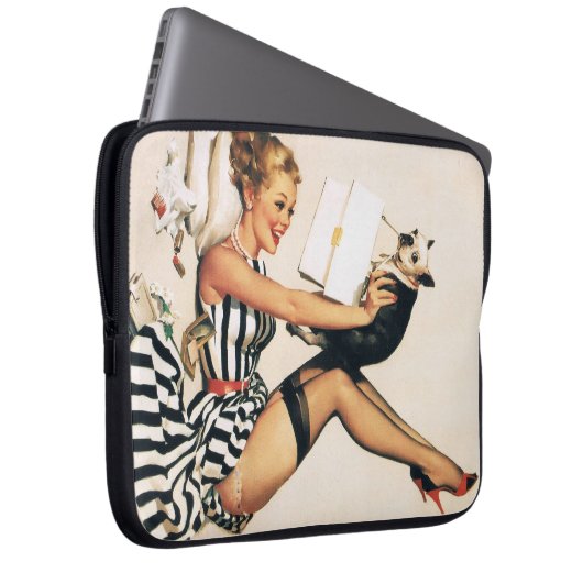 Puppy Lover Button-up Girl - Retro Pinup Laptopschutzhülle (Vorne Rechts)