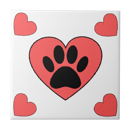 Puppy Paw Print und Red Hearts Muster Fliese (Vorderseite)
