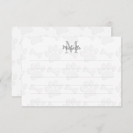 Puppy Paw Prints and Bones Custom Lined Monogram Mitteilungskarte (Vorne/Hinten)