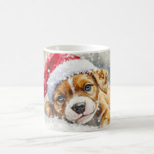 Puppy-Play mit Weihnachtsmannmütze - Aquarell Kaffeetasse