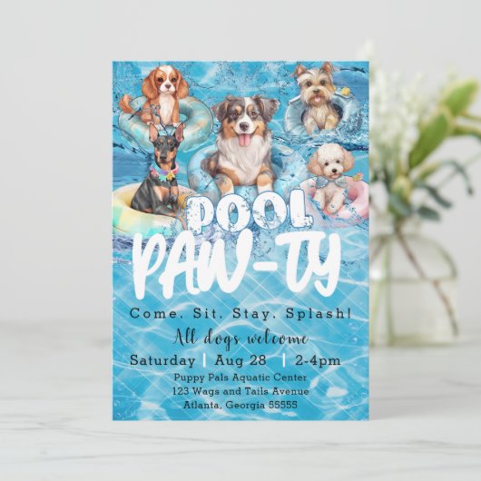 Puppy Pool Party Einladung (Stehend Vorderseite)