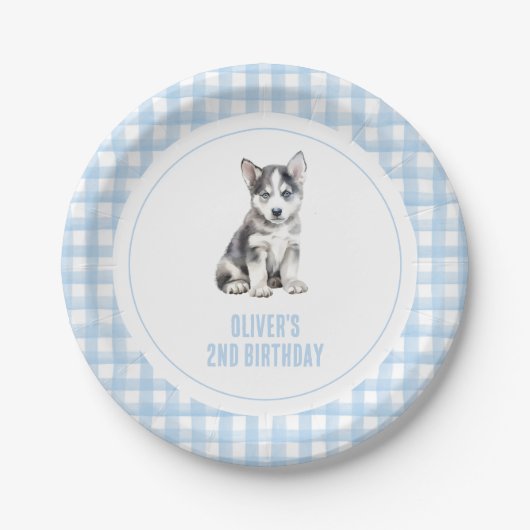 Puppy preppy plaid birthday pappteller (Vorderseite)