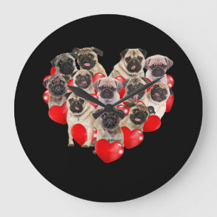 Puppy Pugs Dog Heart   Valentine's Day Gift Große Wanduhr