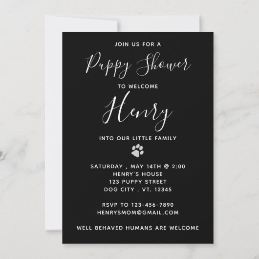 Puppy Shower Party - Elegantes, modernes Schwarzes Einladung (Rückseite)