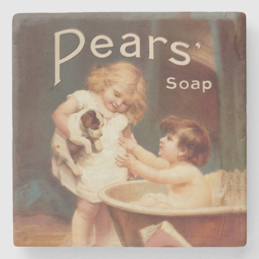 Puppy Taking A Bath Vintage Antique Steinuntersetzer (Vorderseite)